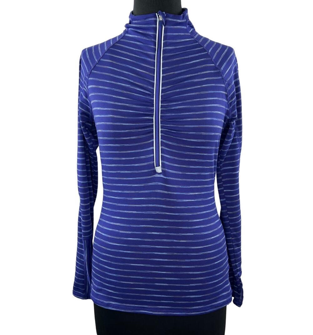 ATHLETA Top Blue Striped Polyester Stretch Yoga Elite Half Zip Size Small S